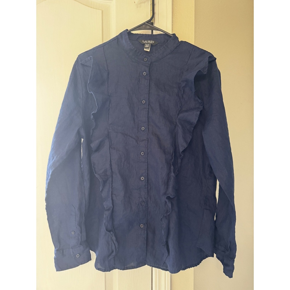 Lauren Ralph Lauren Preppy Coastal Grandma Chic Ruffle Linen Blouse Navy Blue XL